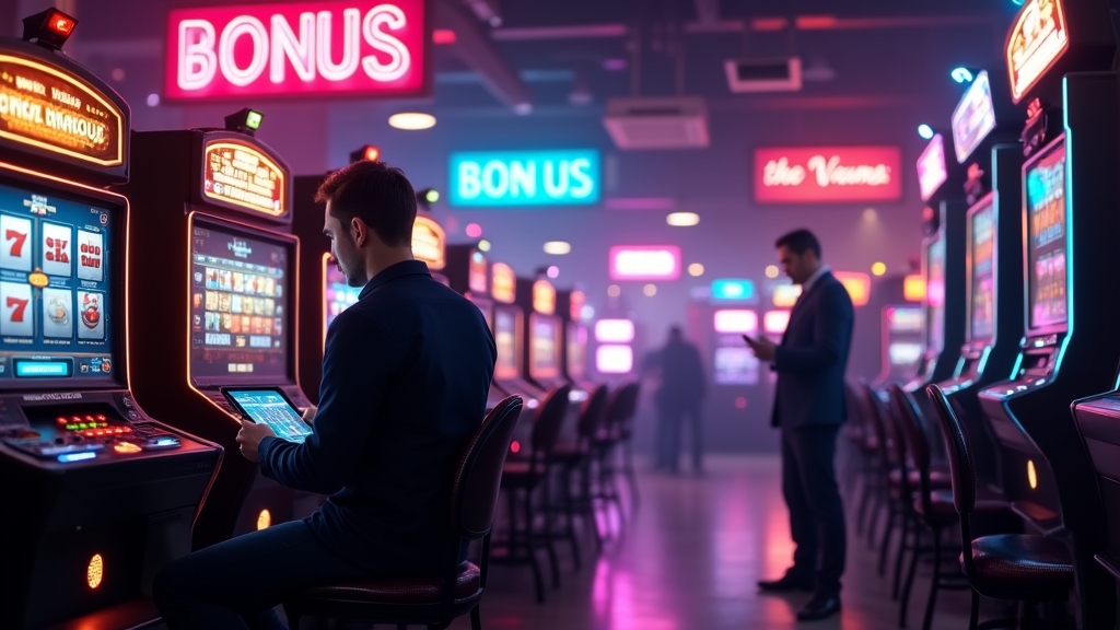 A casino player reading bonus terms beside glowing promotion screens