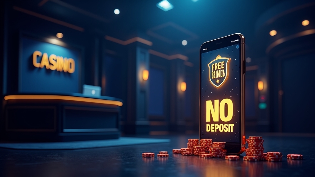 No deposit bonus offer glowing on a phone in a dark casino lobby