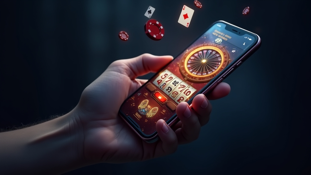 Smartphone showing casino mobile access options in a dark casino setting