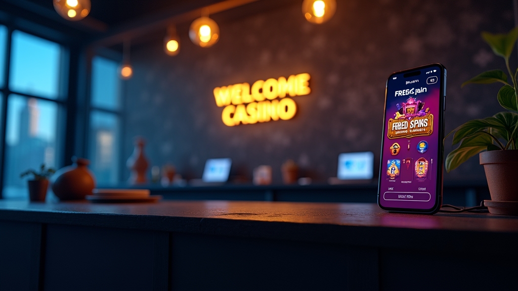 New player bonus screens and welcome offer graphics in a dark casino scene