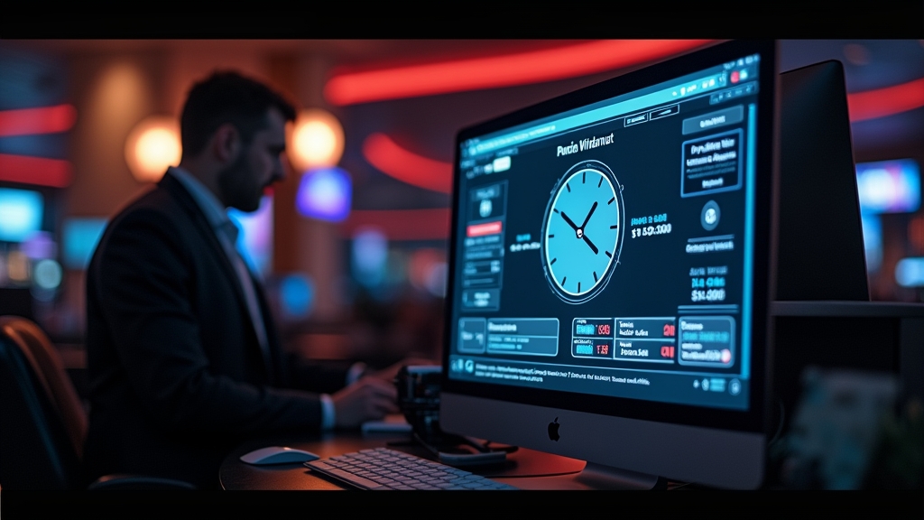 Withdrawal pending screen beside a clock in a dark casino payment room